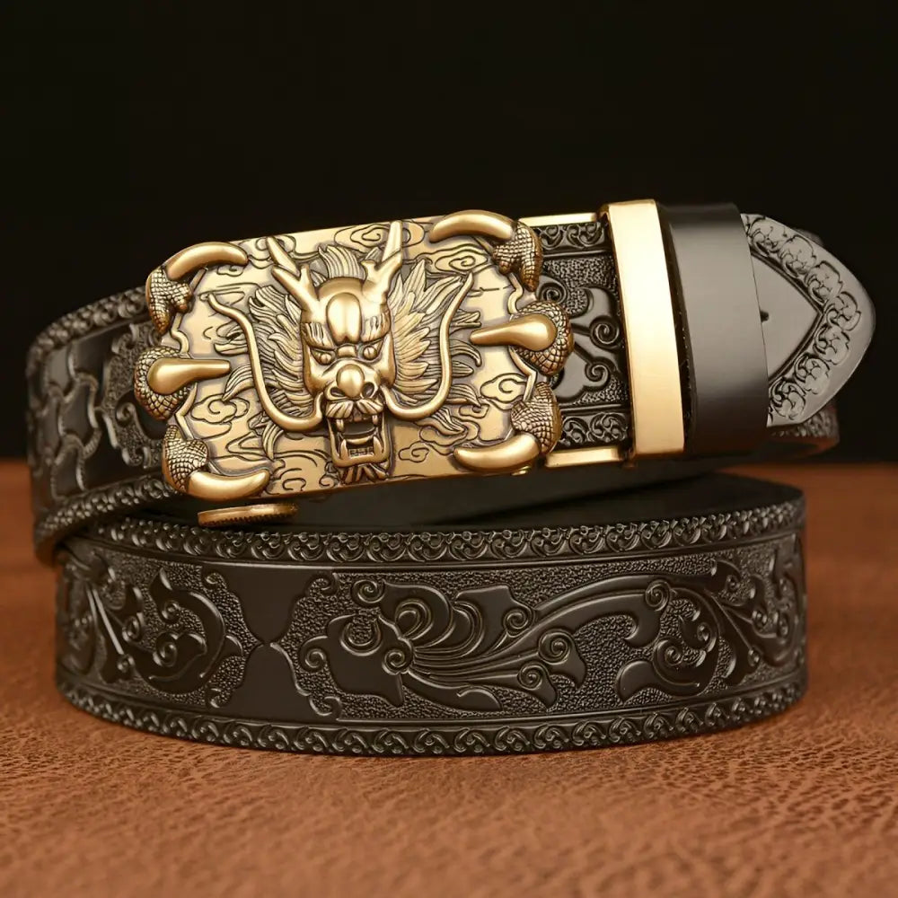 Embossed leather belt featuring an ornate dragon buckle for a stylish accessory