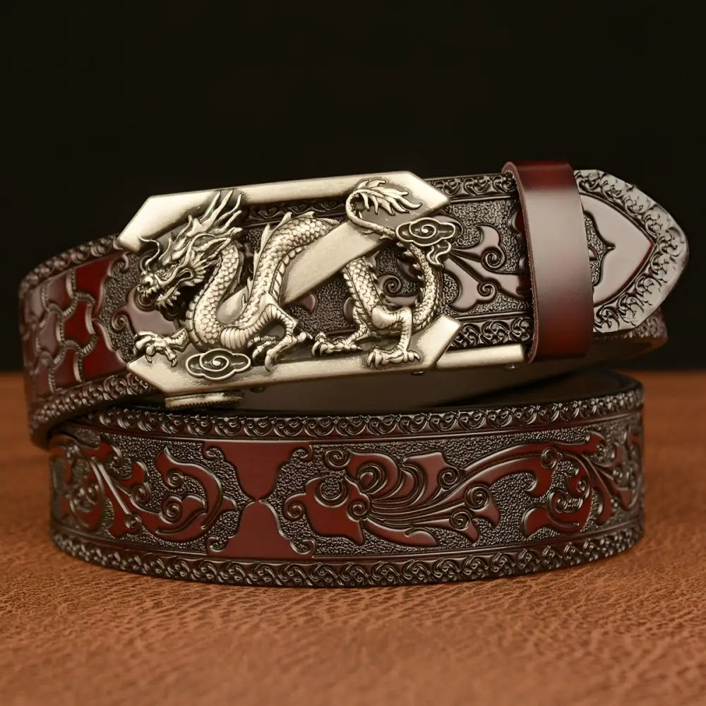 Embossed black leather spirit belt with dragon buckle showcasing intricate animal spirit design