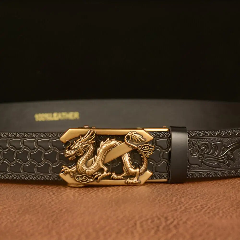 Embossed Black Leather Spirit Belt with Dragon Buckle featuring an animal spirit motif