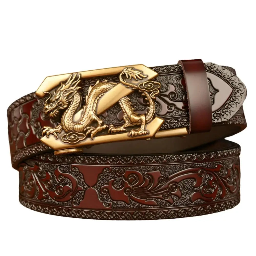 Embossed Black Leather Spirit Belt with Dragon Buckle showcasing an animal spirit belt design