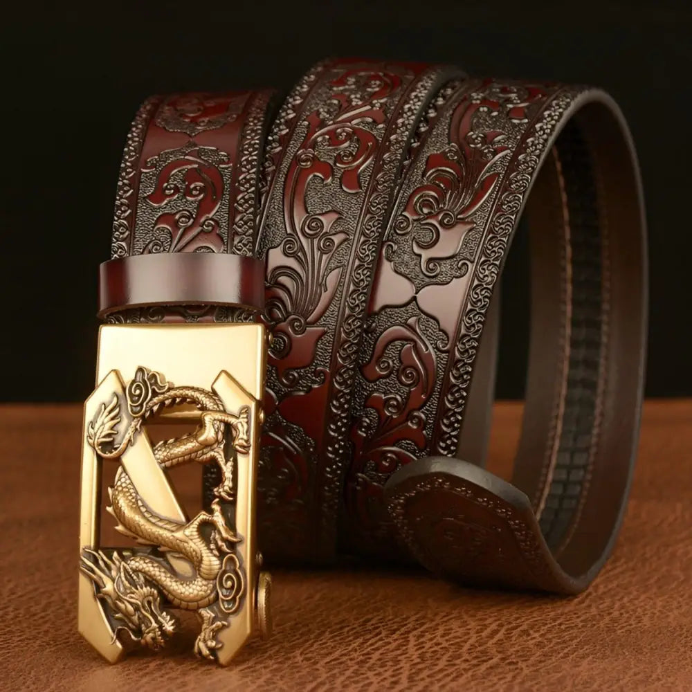 Embossed Black Leather Spirit Belt with Dragon Buckle showcasing an animal spirit belt design