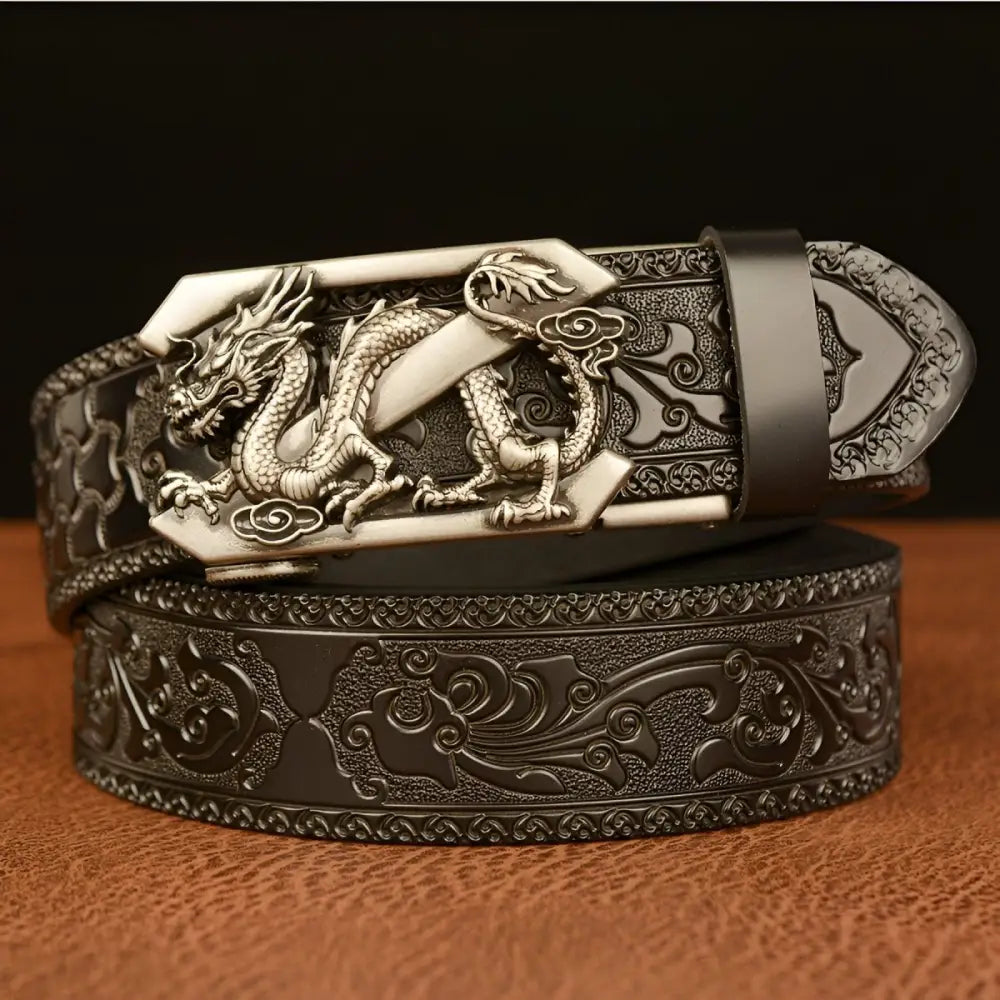Embossed Black Leather Spirit Belt with Dragon Buckle showcasing an animal spirit design