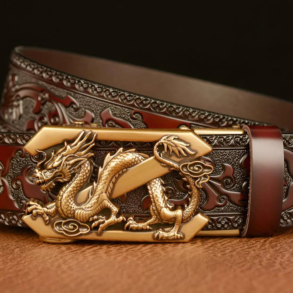 Embossed Black Leather Spirit Belt with Dragon Buckle, an animal spirit belt accessory