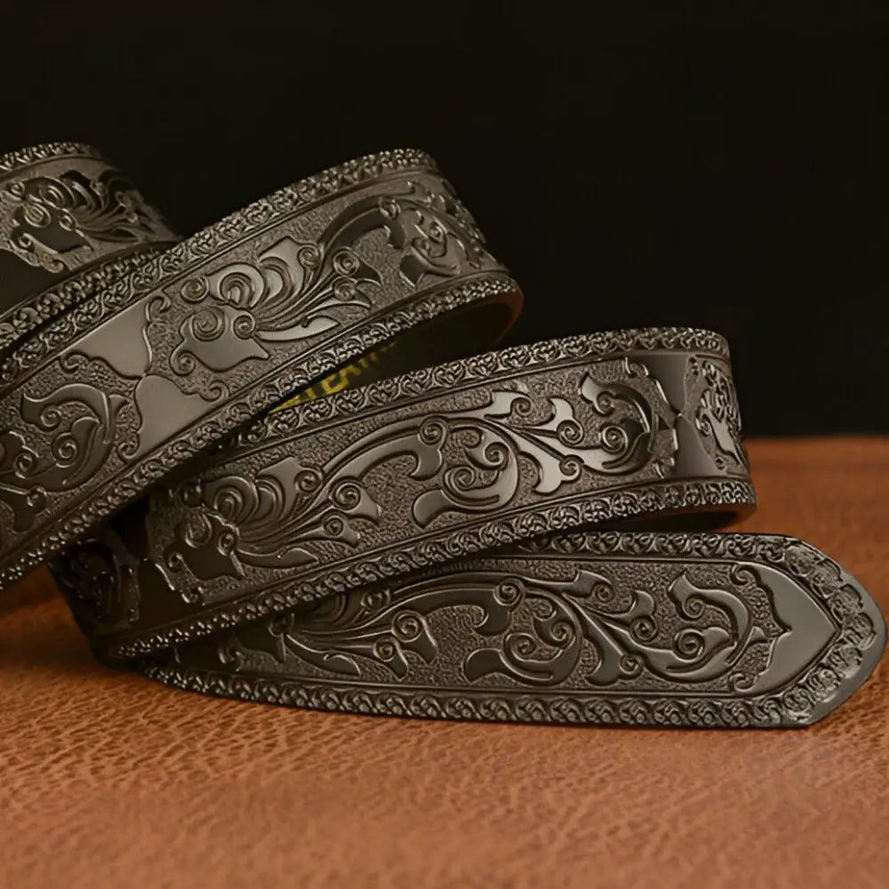 Embossed Black Leather Spirit Belt with Dragon Buckle showcasing detailed animal spirit design