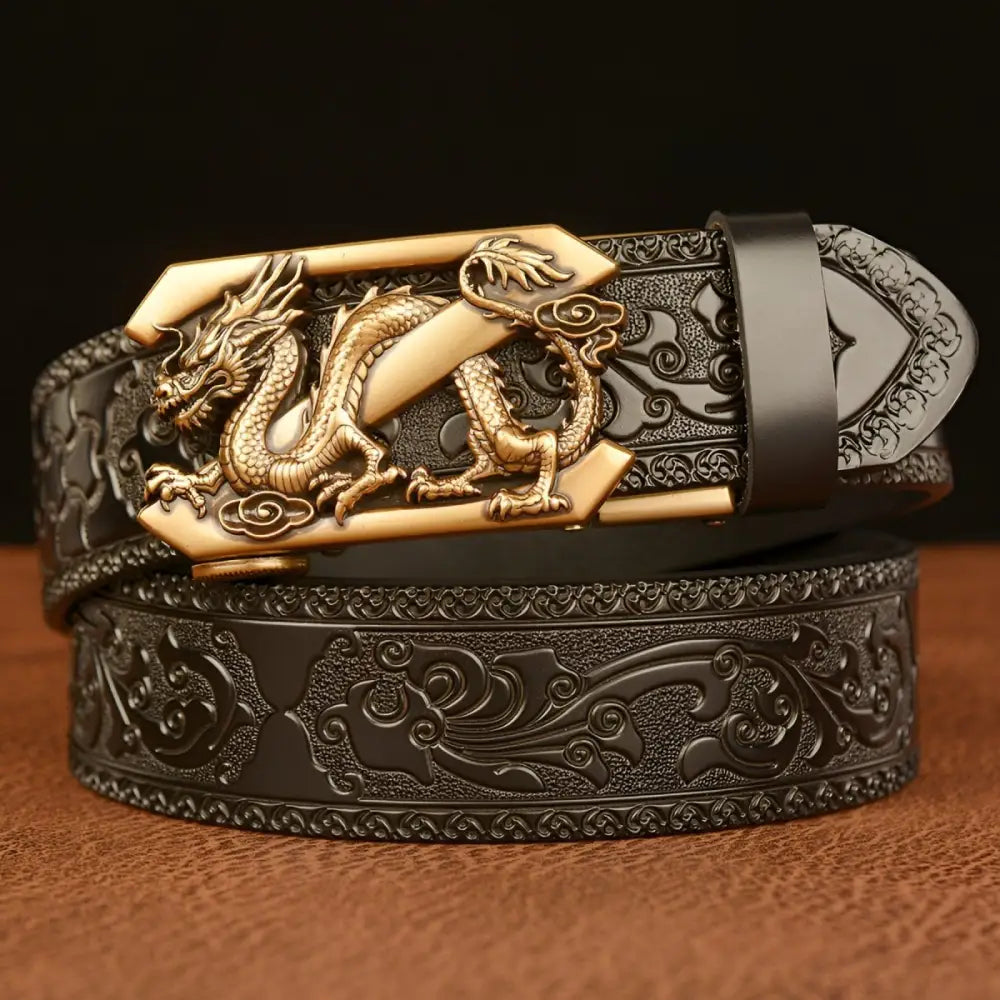 Embossed Black Leather Spirit Belt with Dragon Buckle showcasing an animal spirit belt design
