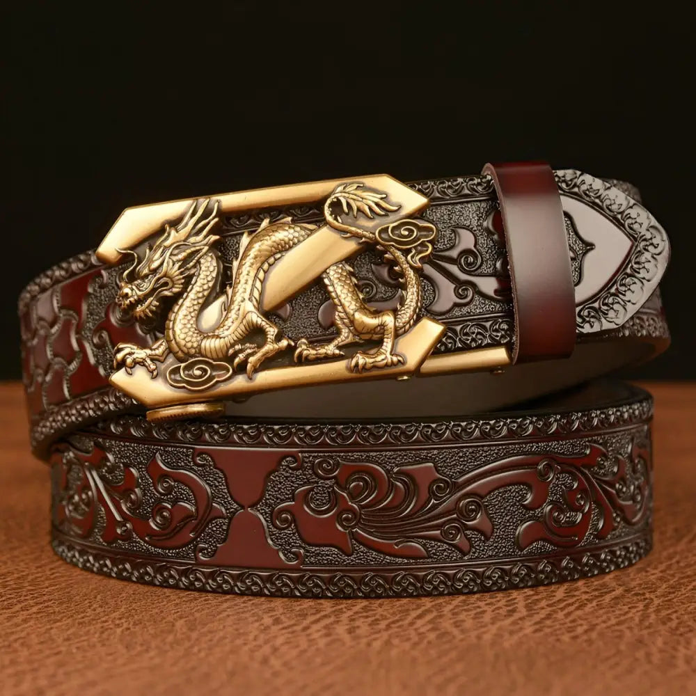 Embossed Black Leather Spirit Belt with Dragon Buckle showcasing an animal spirit design