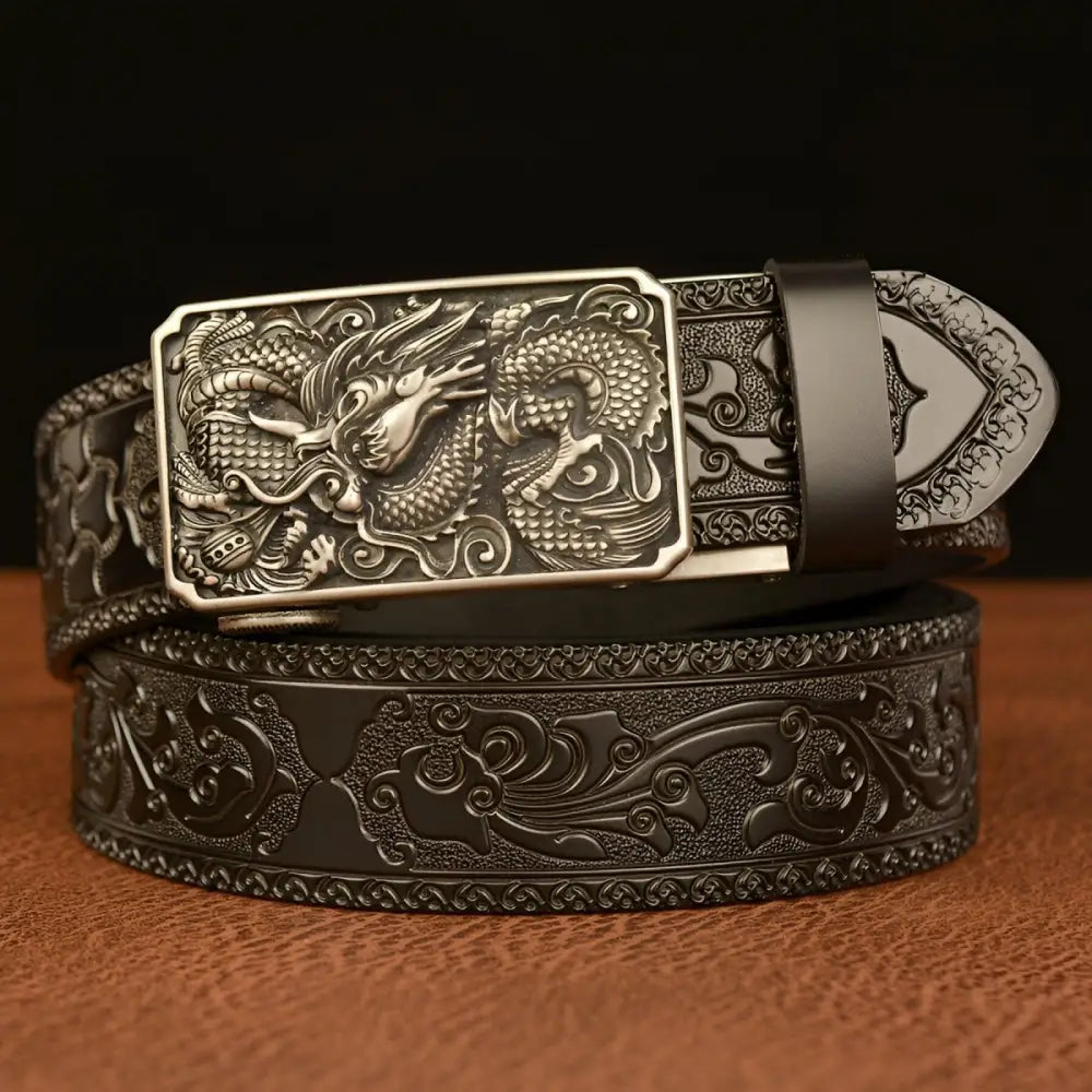 Embossed leather animal spirit belt with dragon buckle featuring intricate design and craftsmanship