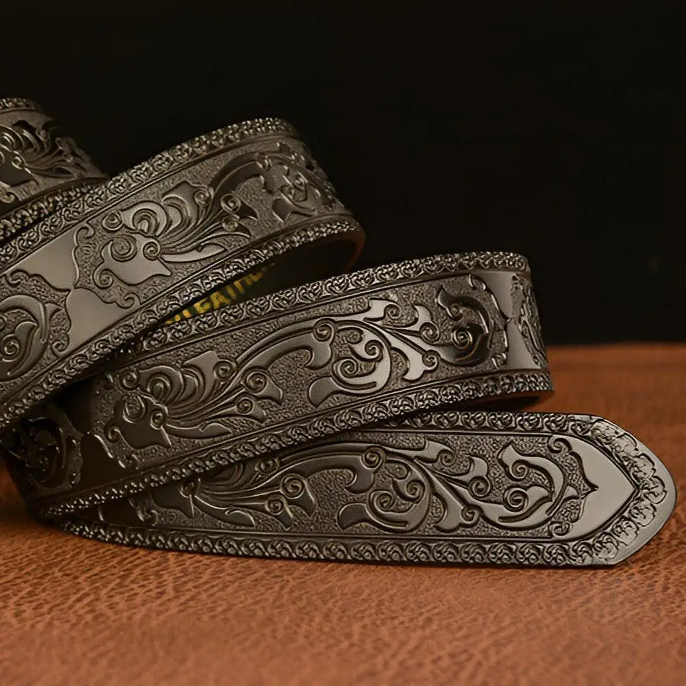 Ornate embossed leather animal spirit belt with Dragon Buckle style for spiritual fashion