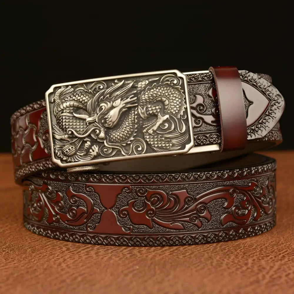 Embossed leather animal spirit belt with dragon buckle design for stylish spirit belt accessories