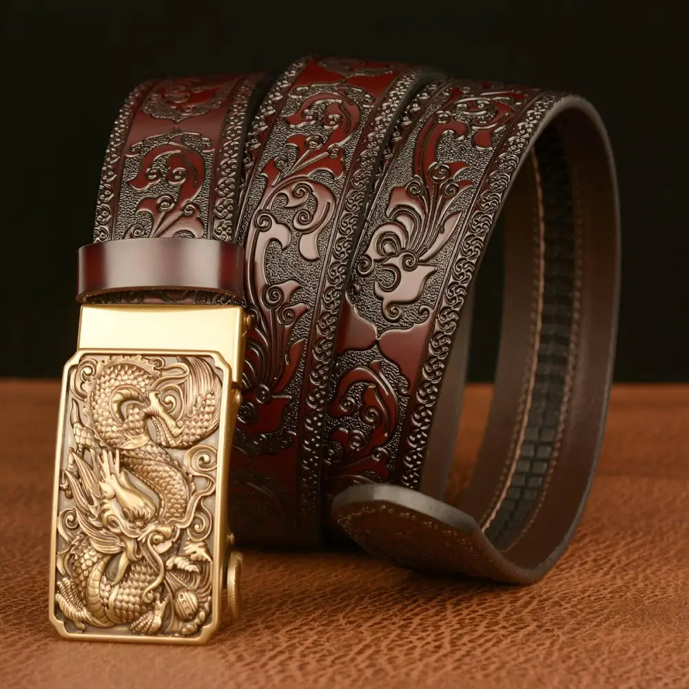 Embossed leather animal spirit belt with dragon buckle style illustrating intricate craftsmanship