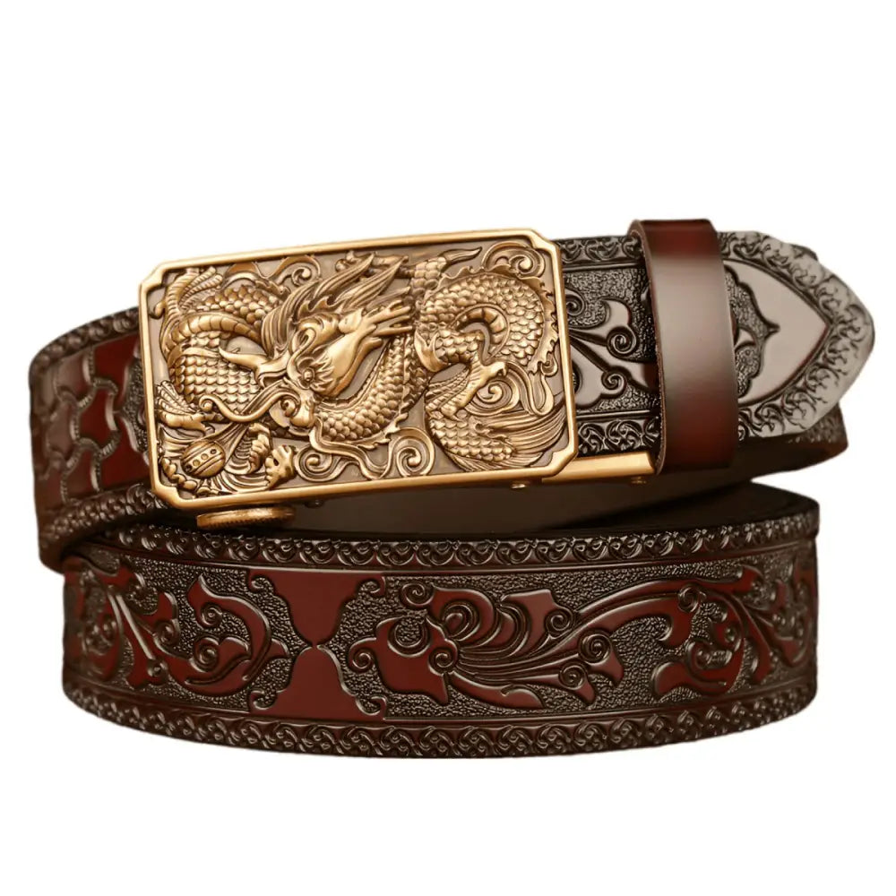 Embossed leather animal spirit belt with dragon buckle style for unique spirit belt design