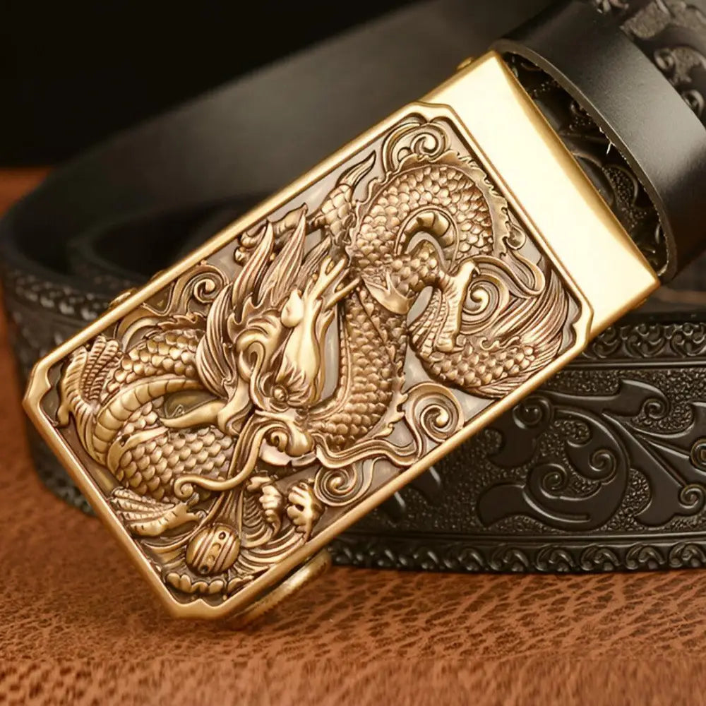 Embossed leather animal spirit belt featuring a detailed dragon-engraved buckle style