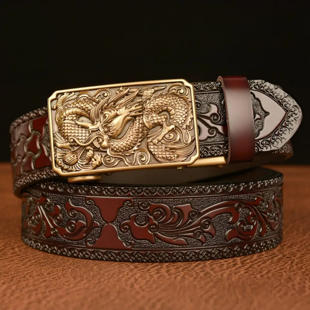 Embossed leather animal spirit belt with dragon buckle for stylish spirit belt accessory