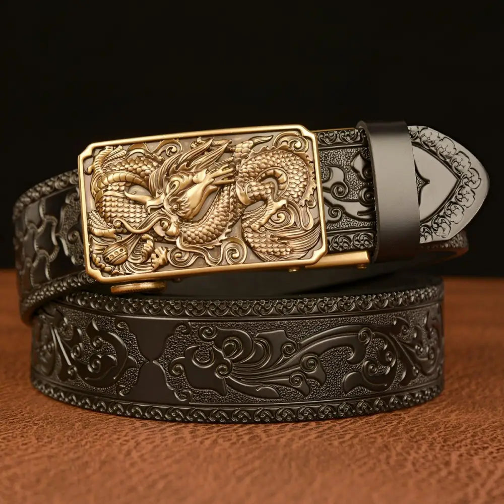 Embossed black leather animal spirit belt with decorative dragon buckle style for fashion