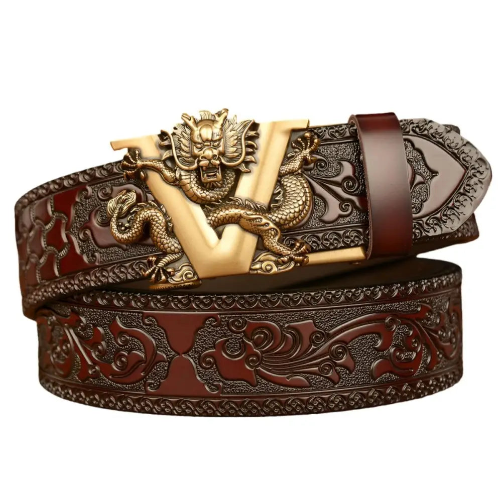 Brown leather belt featuring an embossed design and a detailed dragon buckle