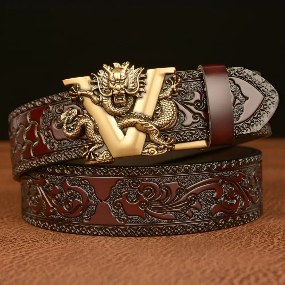 Embossed brown leather belt featuring a detailed dragon buckle for stylish wear