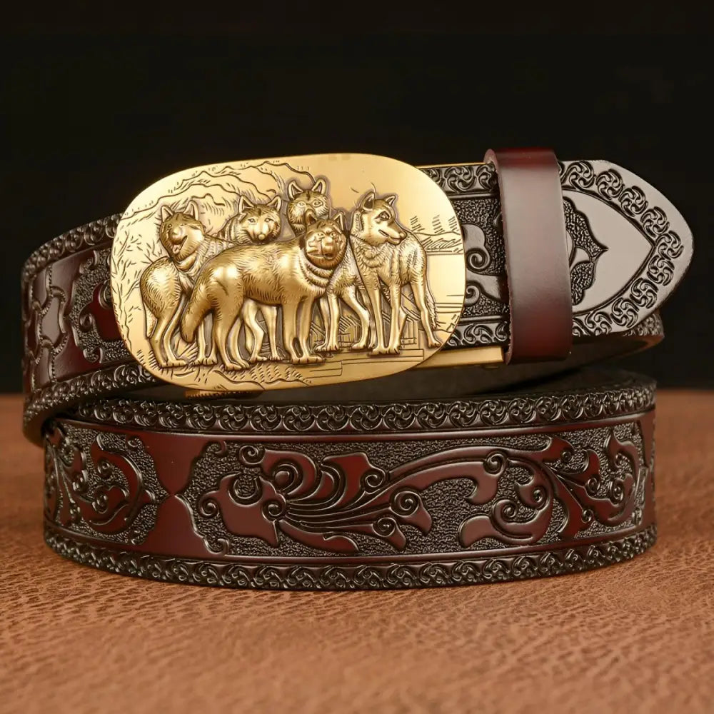 Embossed Leather Belt with Wolf Pack Animal Spirit Buckle for Authentic Style