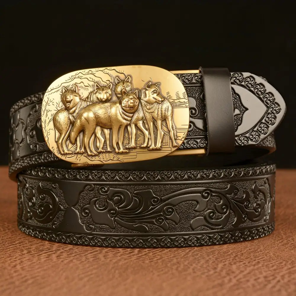 Embossed black leather wolf pack belt with animal spirit buckle for stylish wear