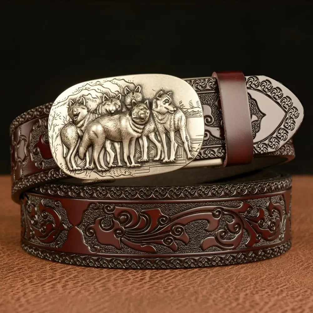 Embossed leather belt with Wolf Pack wolf buckle, an emblem of animal spirit authenticity