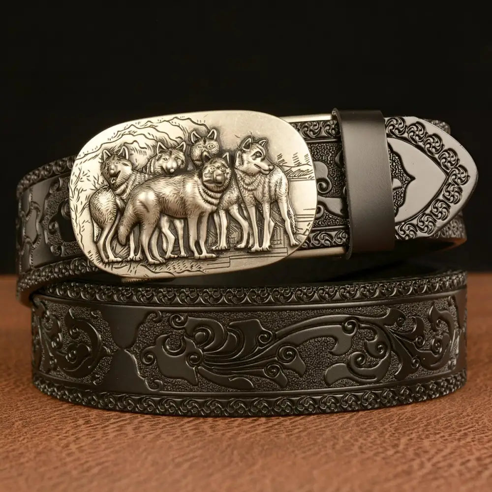 Embossed leather wolf pack belt with animal spirit buckle for fashion and symbolism