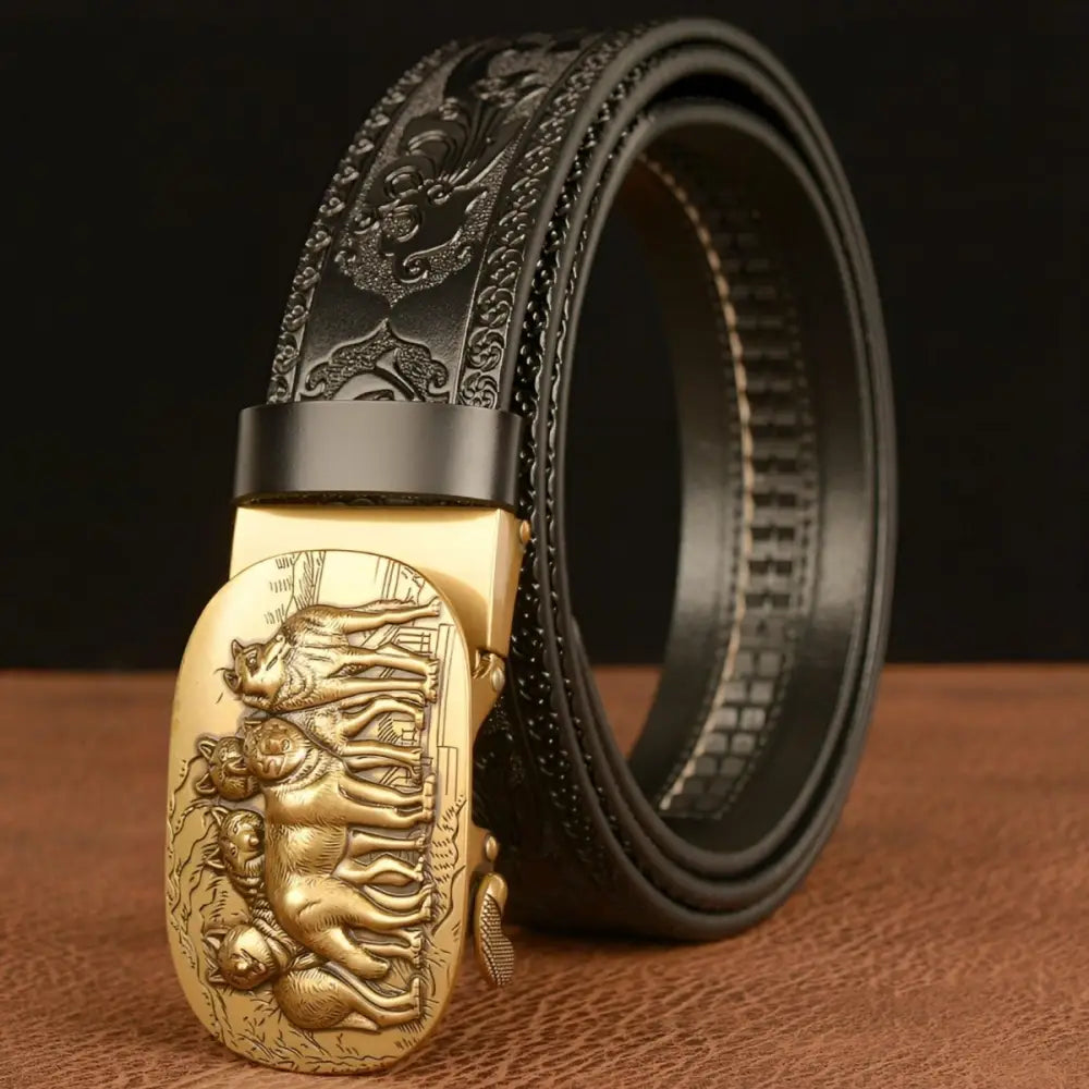 Black leather wolf pack spirit belt with ornate gold animal spirit buckle