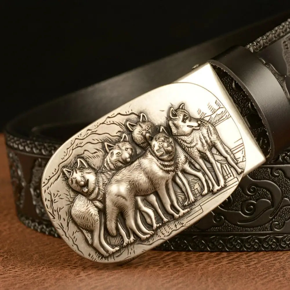 Leather belt with wolf-themed buckle from Wolf Pack Embossed Leather Belt collection