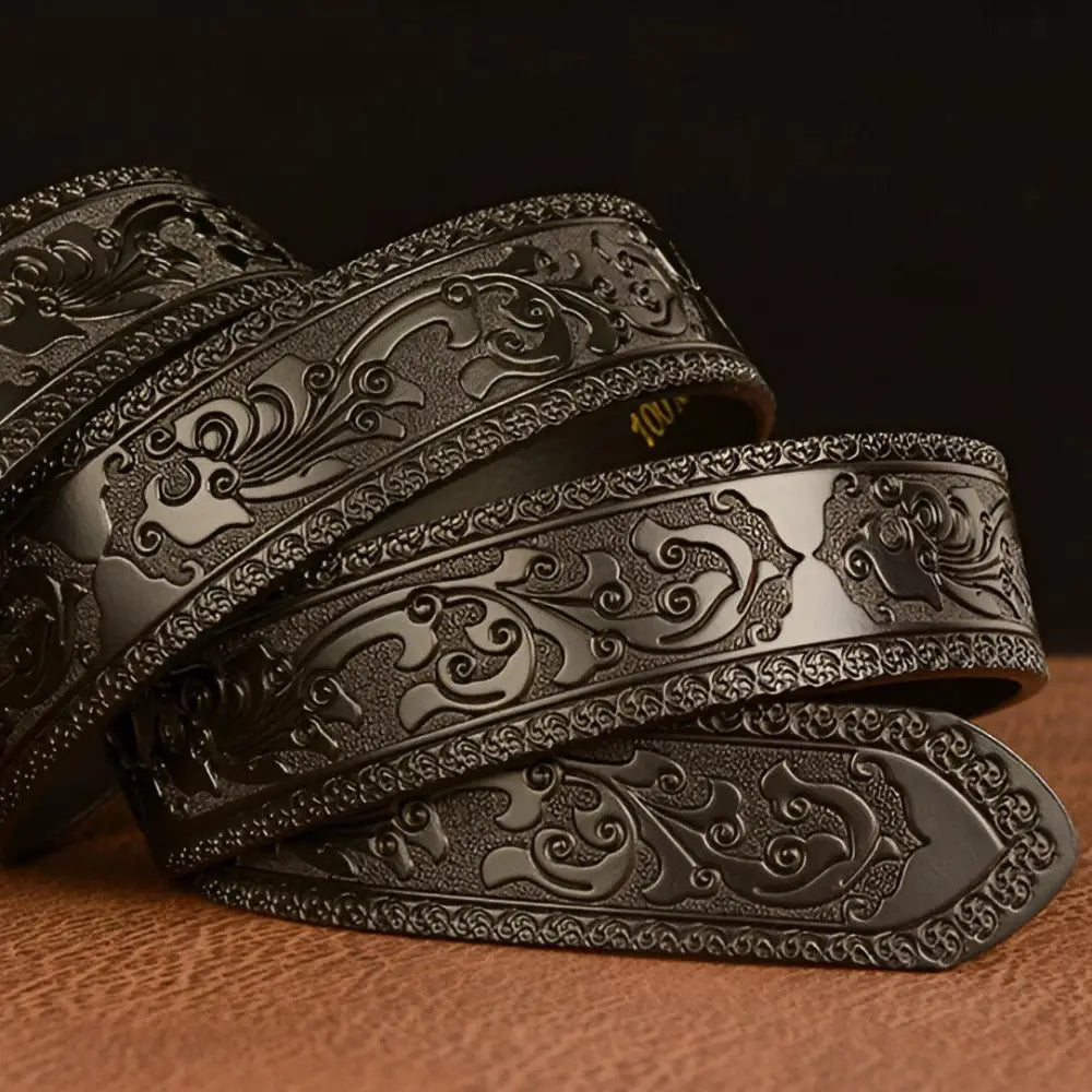 Ornate black leather spirit belt with wolf pack animal spirit buckle