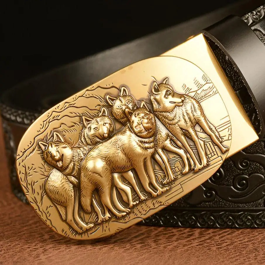Gold-colored belt buckle featuring wolf pack design on Spirit Belt Animal Spirit Belt