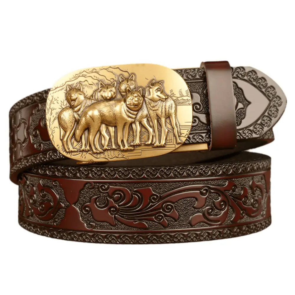 Embossed brown leather wolf pack belt with animal spirit buckle for men and women