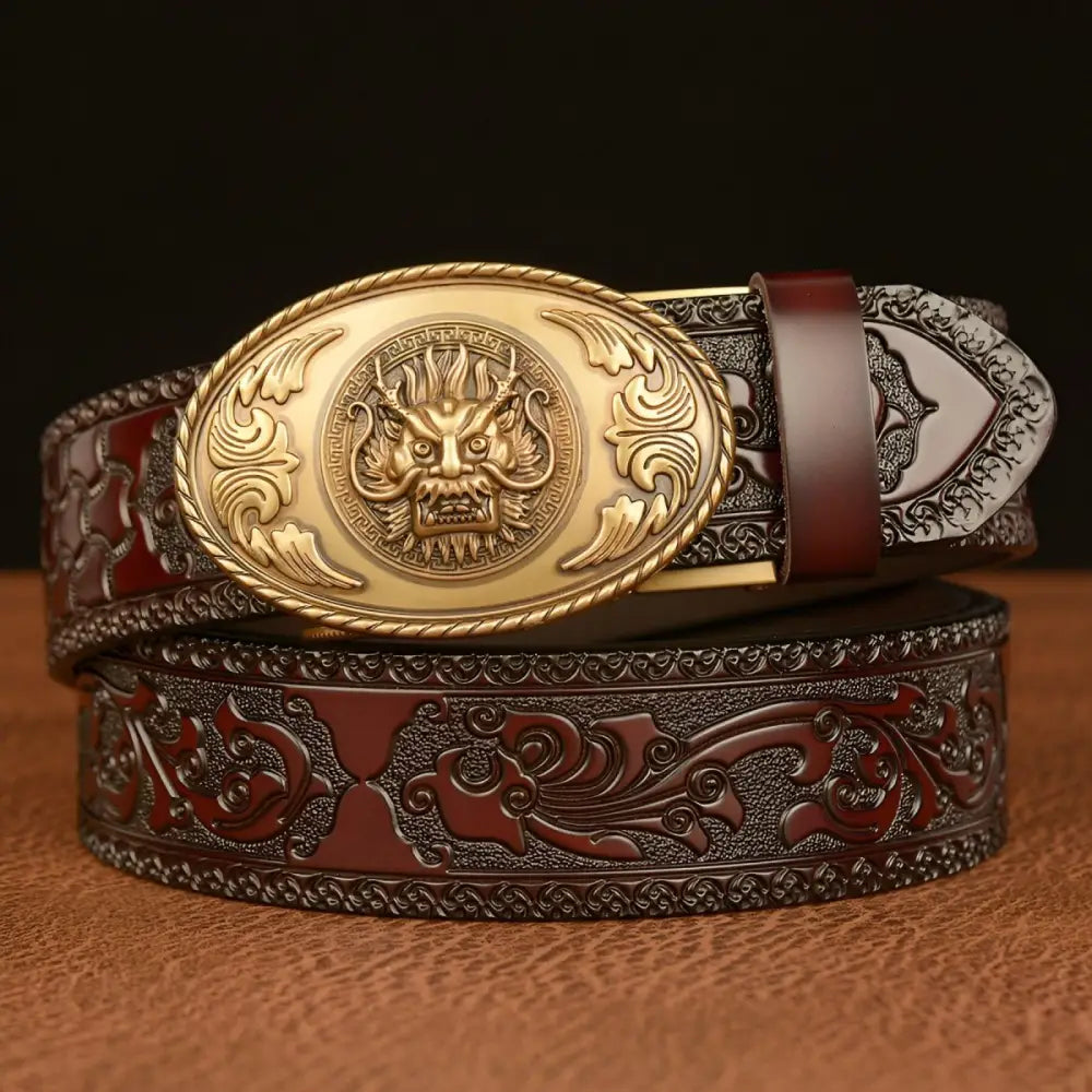 Embossed leather belt with dragon head motif and buckle, ceinture esprit animal