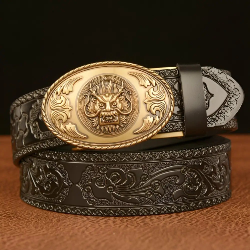 Embossed leather belt featuring dragon head motif and intricate buckle design