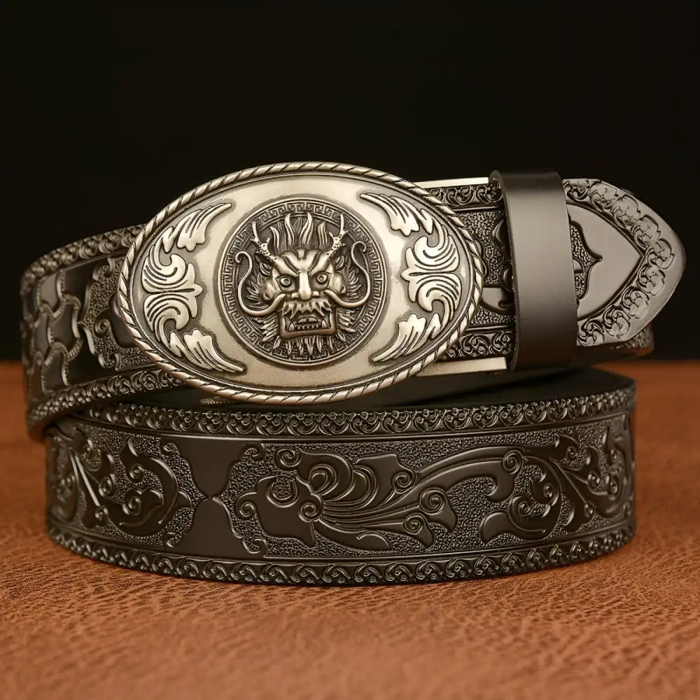 Embossed leather belt with dragon head motif and buckle, ideal as a ceinture esprit animal