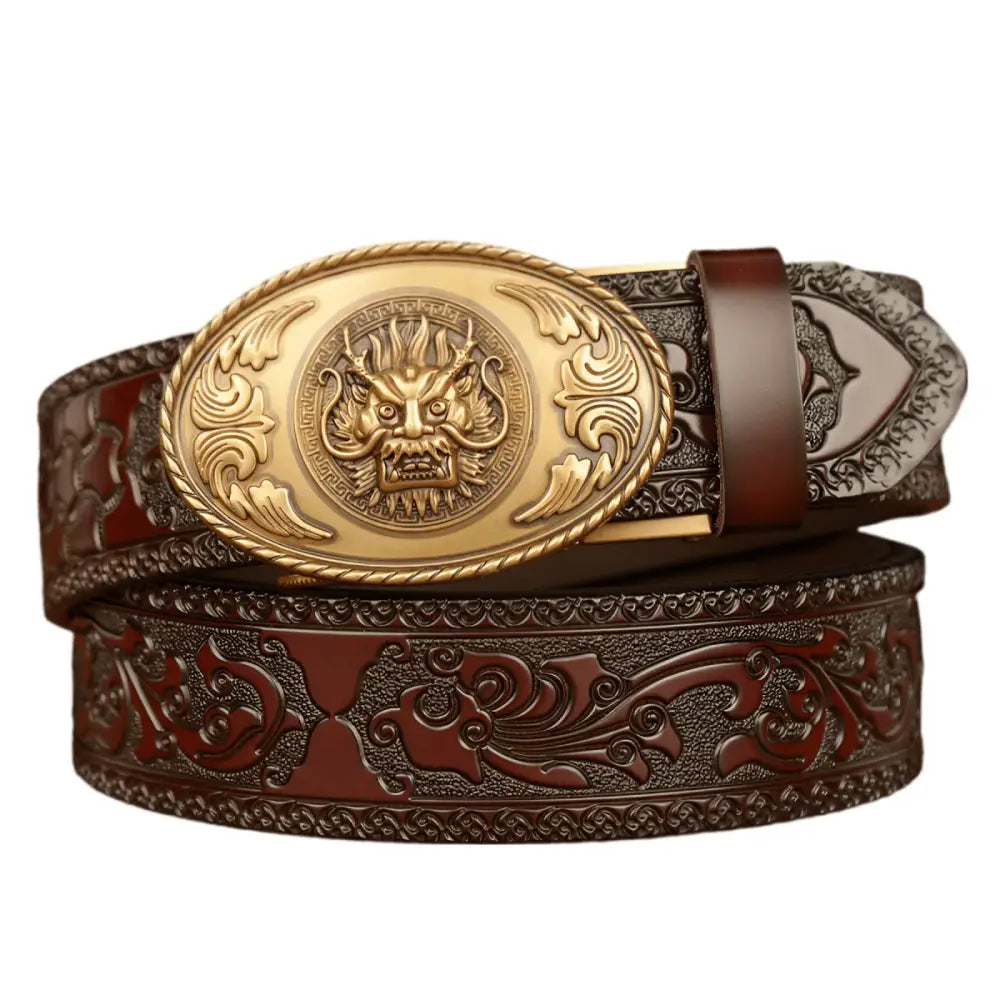 Embossed leather belt with dragon head motif and buckle, suitable as a ceinture esprit animal