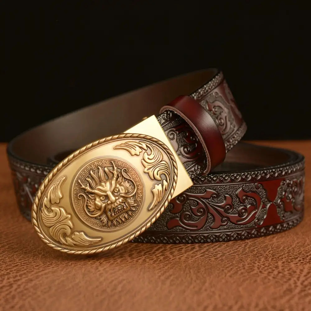 Embossed leather belt with dragon head motif and buckle showcasing Ceinture Esprit Animal design