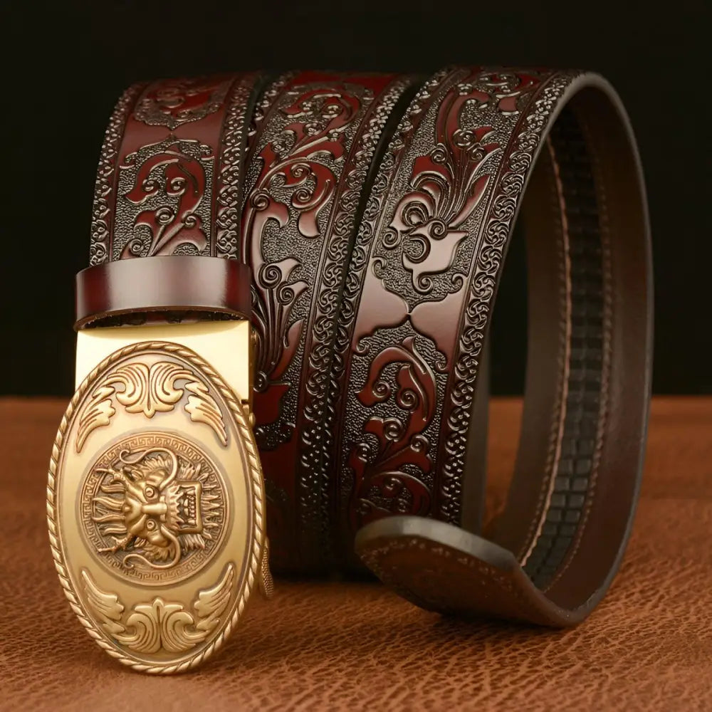 Embossed leather belt featuring a dragon head motif and ornate gold buckle