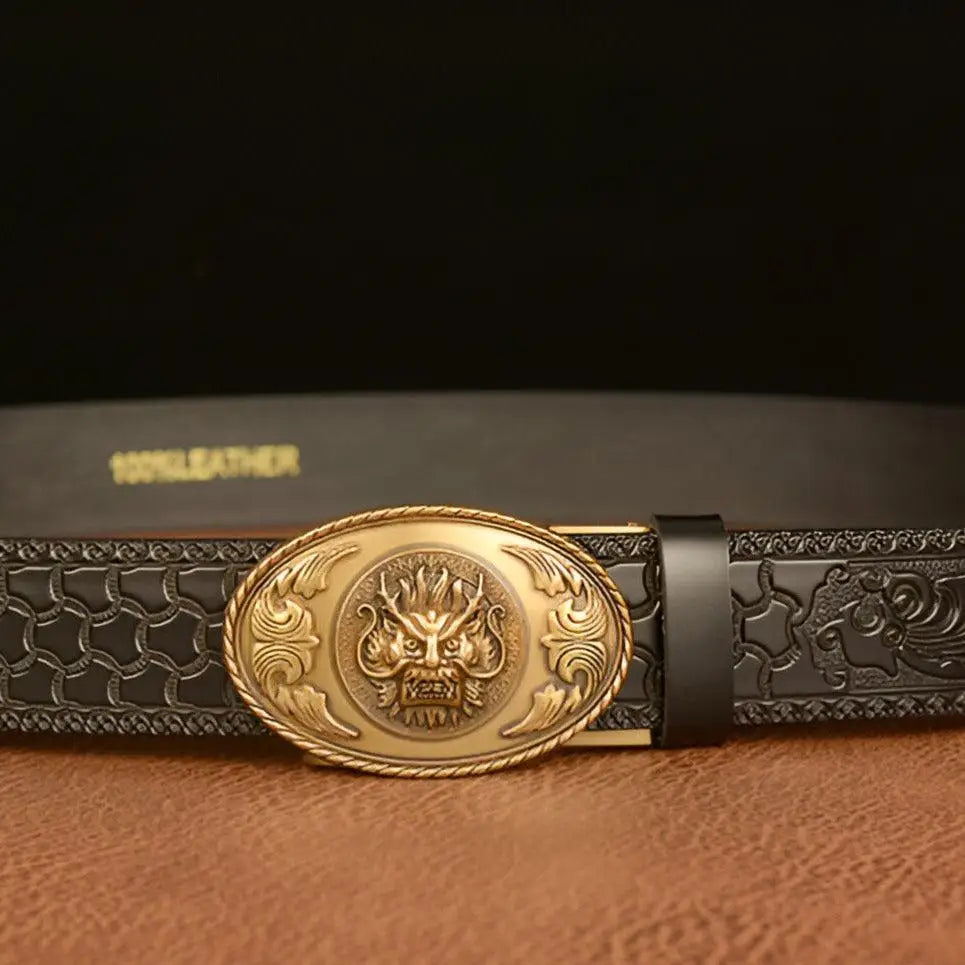 Black leather belt with ornate gold buckle featuring a dragon head motif for Ceinture Esprit Animal