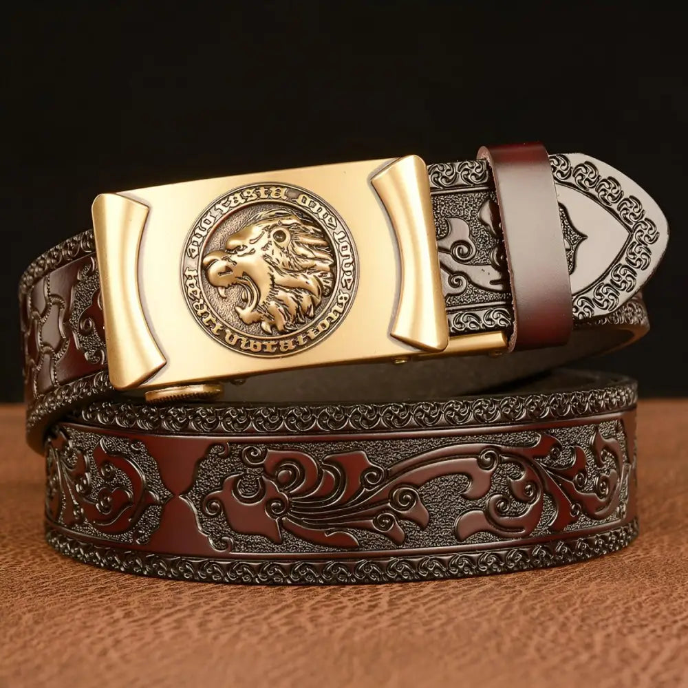 Embossed leather belt with lion’s head motif and detailed design for sophisticated style