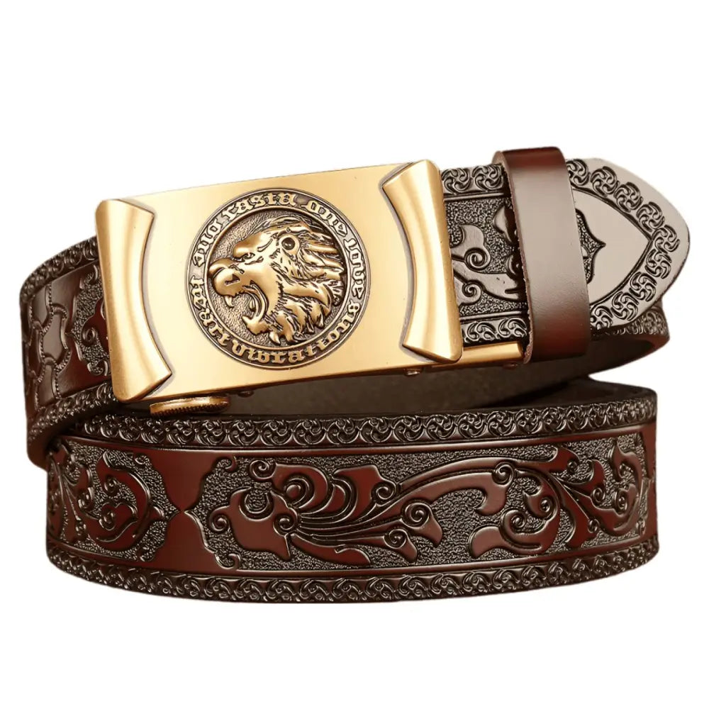 Embossed brown leather belt with lion’s head motif and detailed head motif design