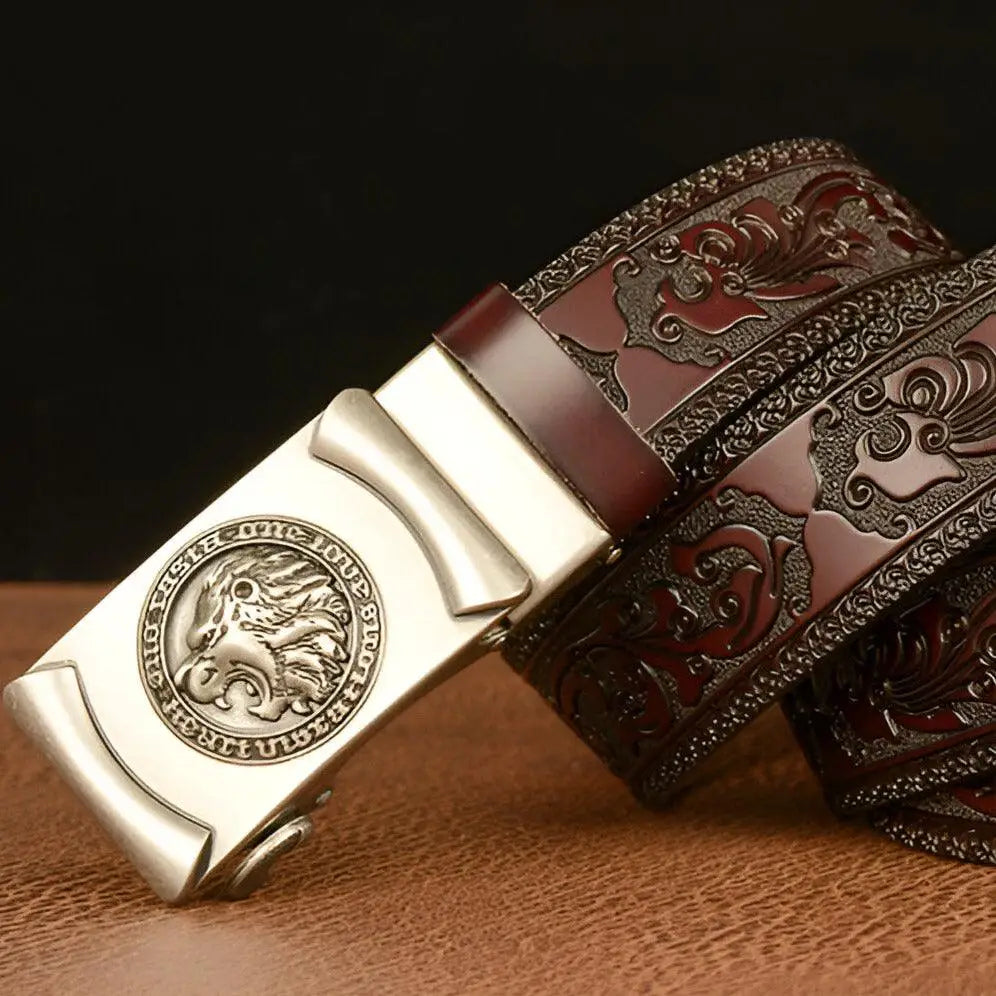 Embossed leather belt with lion’s head motif and detailed lion’s head buckle