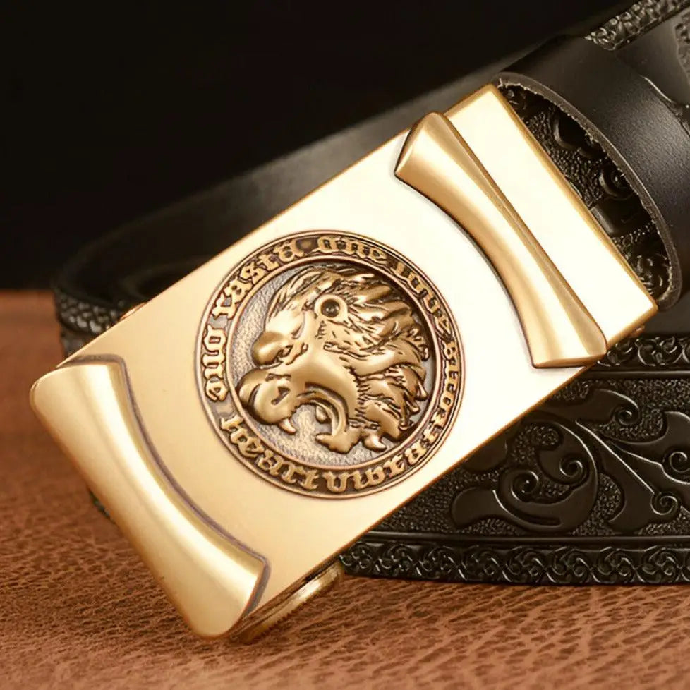 Gold-toned Leather Belt with Lion’s Head Motif and Embossed Design