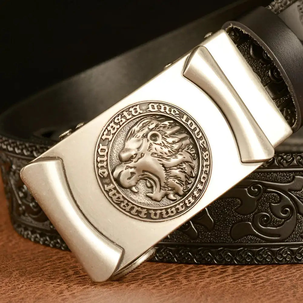 Leather belt with lion’s head motif and embossed design featuring a lion-emblazoned buckle