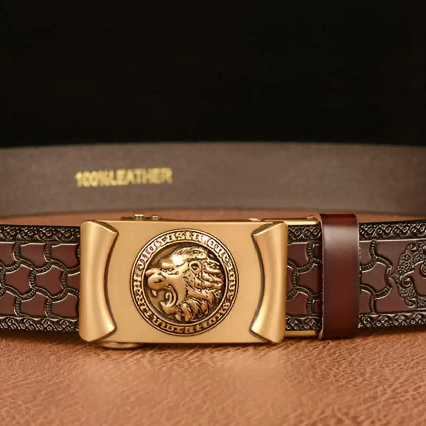 Brown leather belt with gold lion’s head motif and embossed design for stylish accessories
