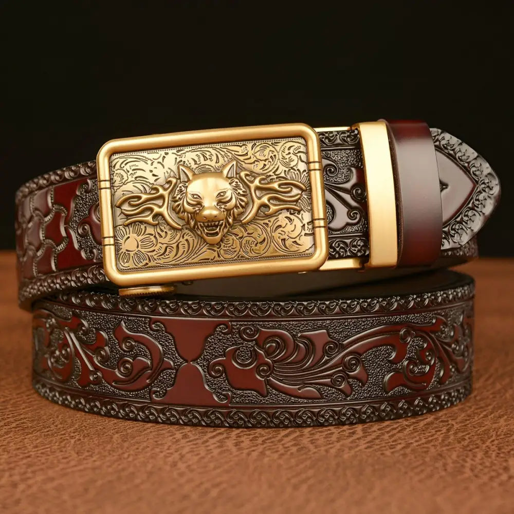 Embossed Black Leather Animal Spirit Josh Belt with Wolf Buckle for stylish appeal