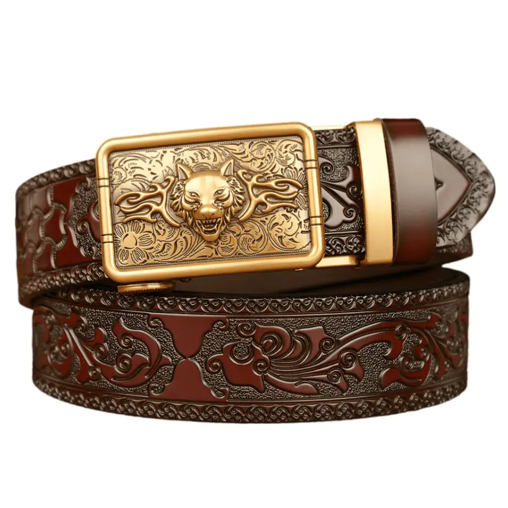Animal spirit Josh belt featuring embossed black leather and a wolf buckle