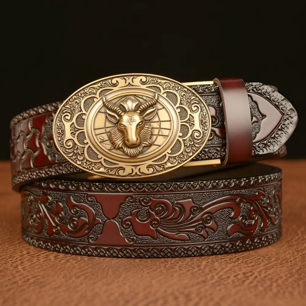Embossed leather Cody Belt with ornate gold Ram Buckle for stylish men’s accessories