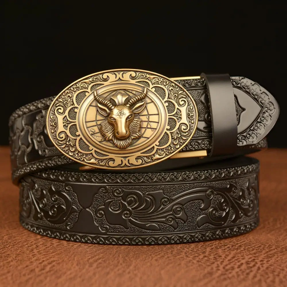 Embossed leather Cody Belt with ornate gold Ram Buckle for stylish men’s accessories