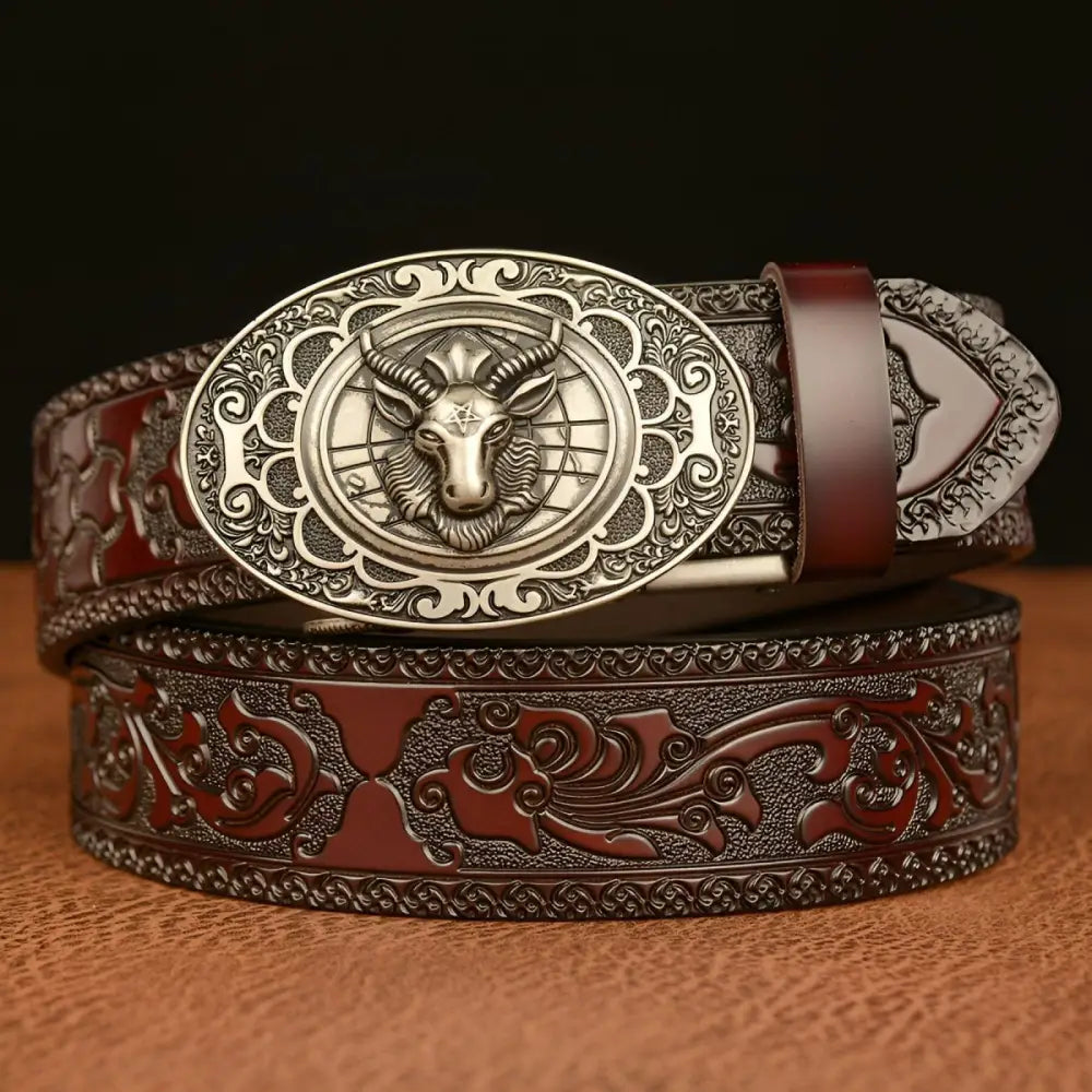 Embossed black leather Cody Belt with ornate gold Ram buckle for stylish men’s accessories