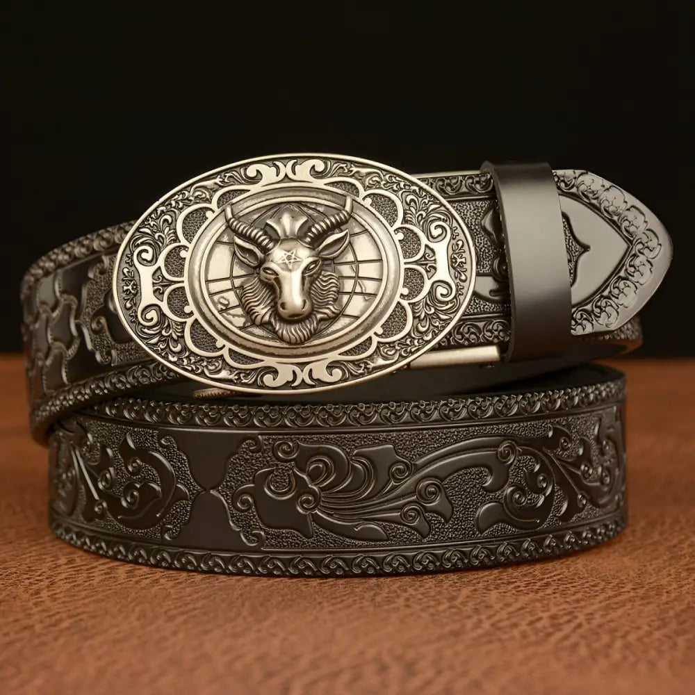 Embossed black leather Cody Belt with ornate gold ram buckle for sophisticated style