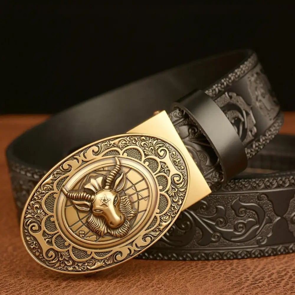 Black leather cody belt with ornate gold ram buckle for stylish masculine accessories