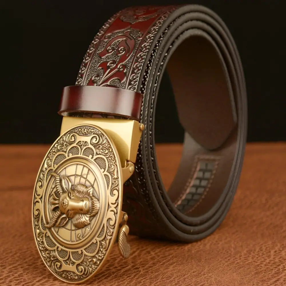Cody Belt Black Leather with Ornate Gold Ram Buckle and Bull Detail for Men